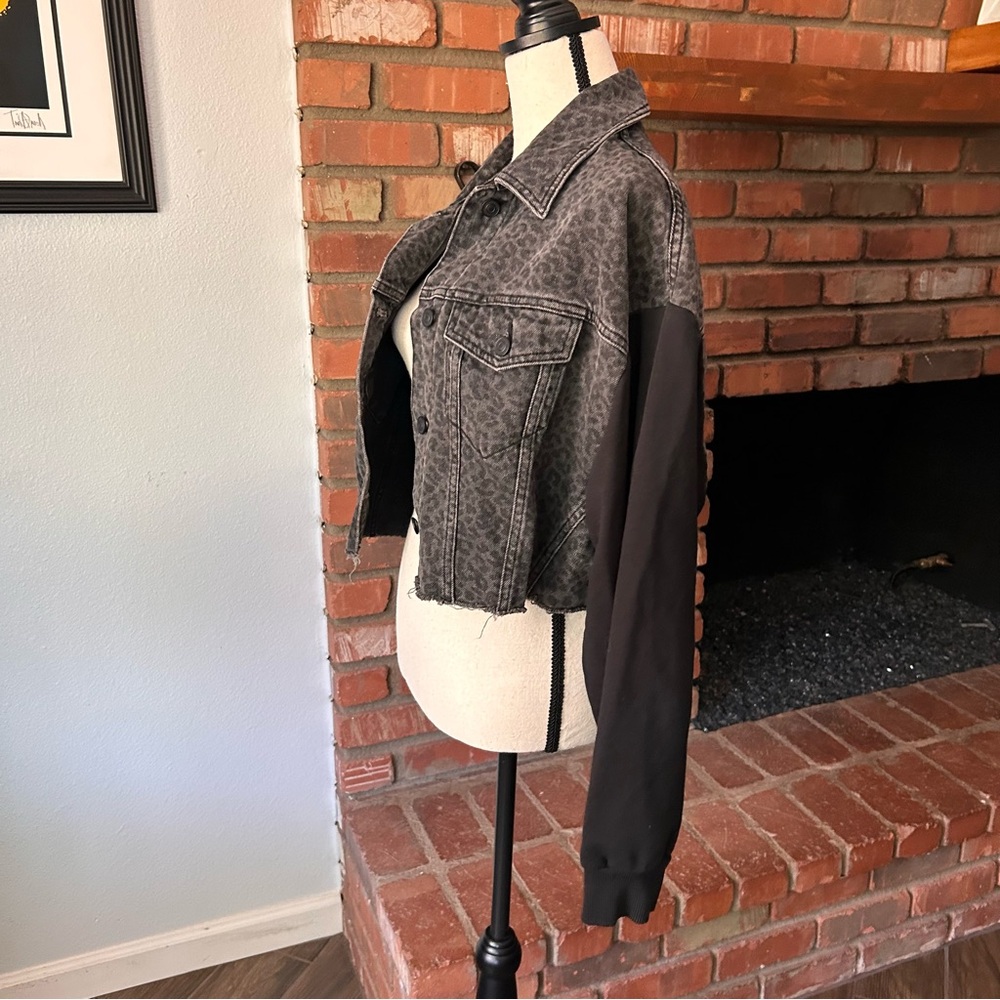 All Saints Anders Leo Mixed Media Cropped Denim Jacket in Washed Black Sz M/L - Picture 6 of 10